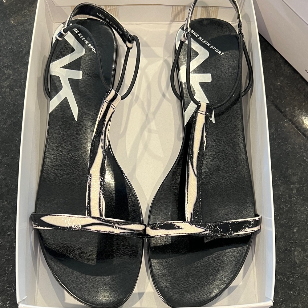 Anne Klein Black and Cream T Bar Strappy Sandals